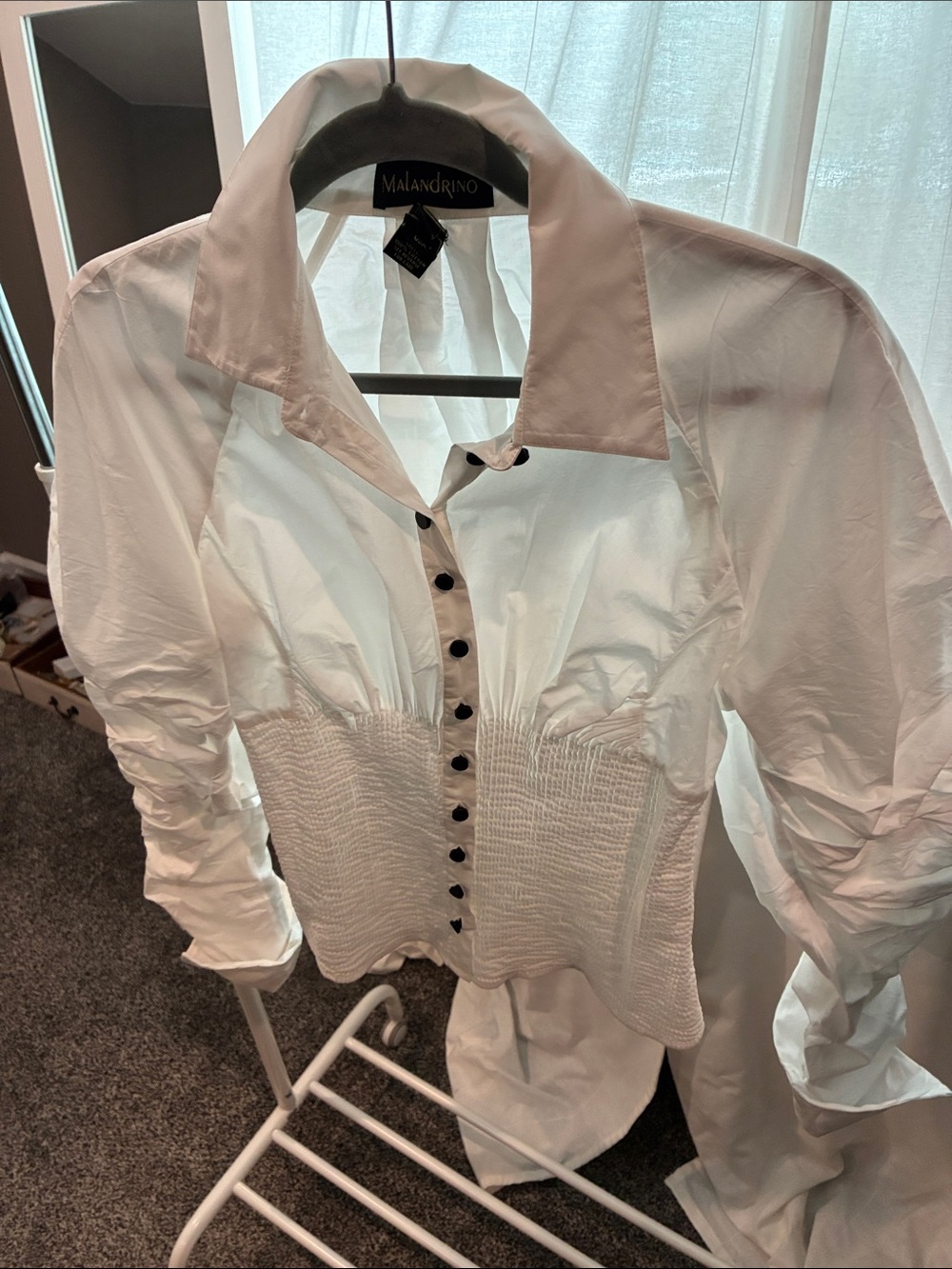 White Smocked Waist Button-Front Blouse